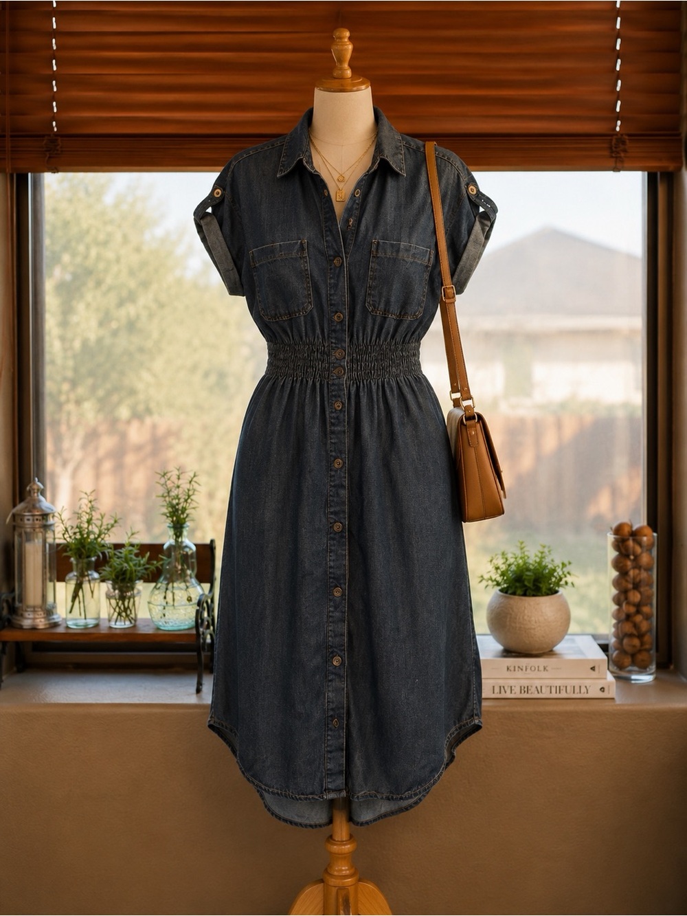 DE Collection Denim Shirt Dress Button Front Elastic Waist